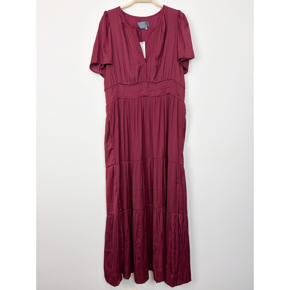 Anthropologie The Somerset Maxi Dress Satin XL Wine A-Line Tiered Smocked NWT - Picture 2 of 12